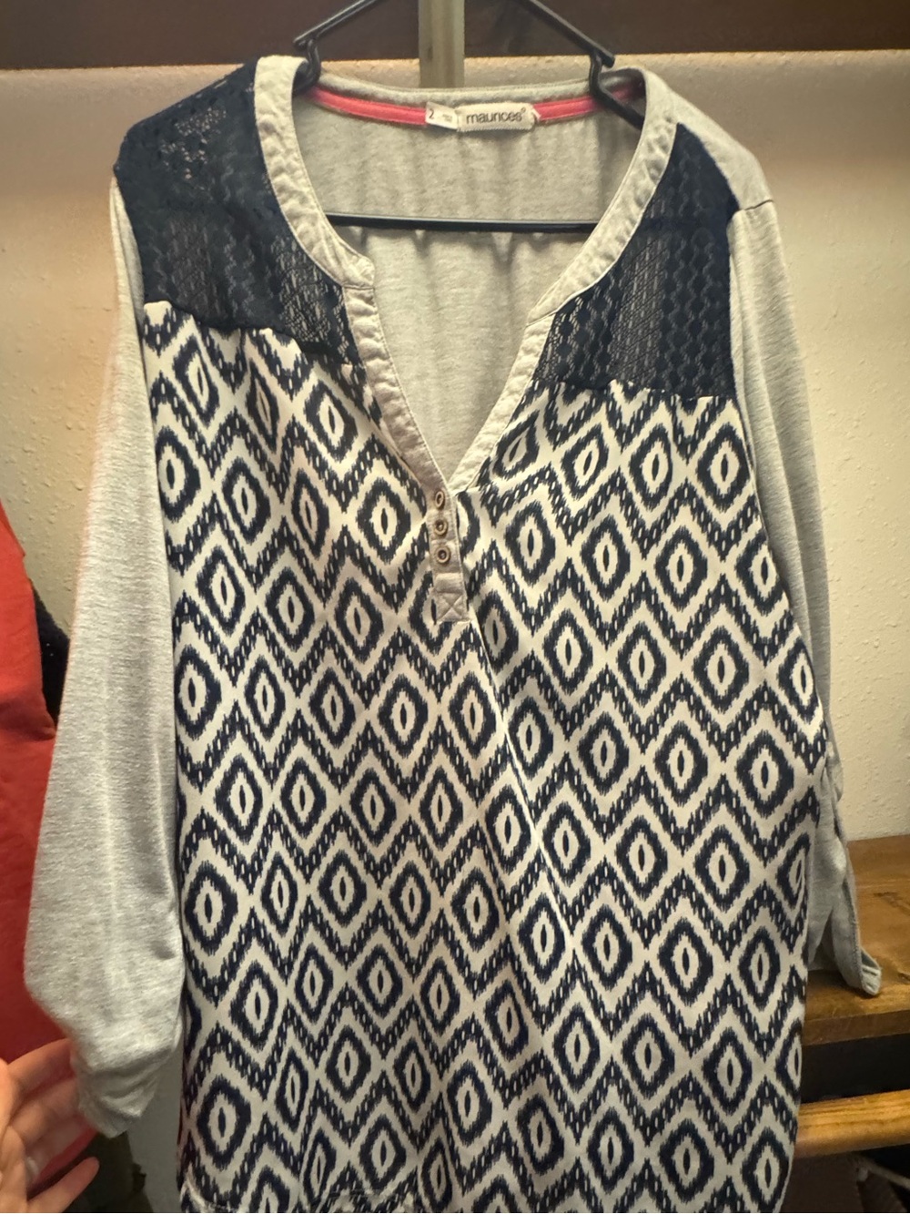 Maurices Grey & Navy Geometric Lace Yoke Henley